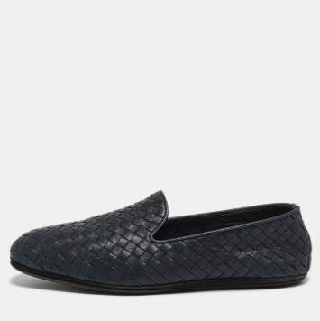 Pre Owned Bottega Veneta Navy Blue Intrecciato Leather Smoking Slippers Size 42
