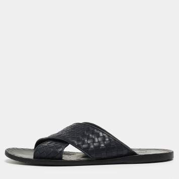 Pre Owned Bottega Veneta Navy Blue Intrecciato Leather Criss Cross Flat Slides Size 44
