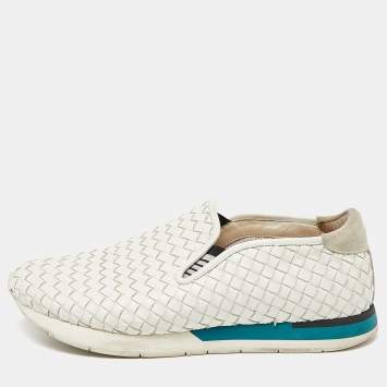 Pre Owned Bottega Veneta White Intrecciato Leather Slip On Sneakers Size 44