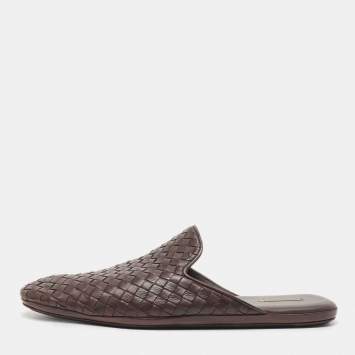 Pre Owned Bottega Veneta Brown Woven Leather Intrecciato Fiandra Mules Size 43