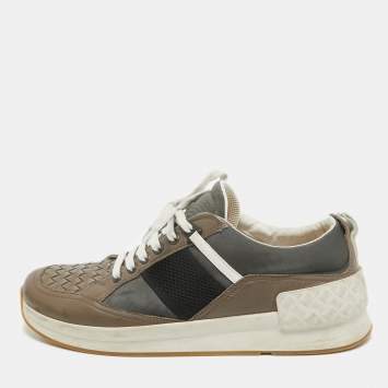 Pre Owned Bottega Veneta Multicolor Intrecciato Leather & Canvas Lace Up Sneakers Size 42