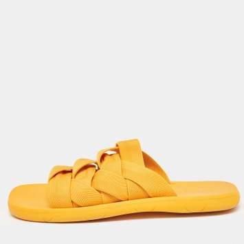 Pre Owned Bottega Veneta Orange Stretch Fabric Plat Slides Size 45
