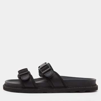 Pre Owned Bottega Veneta Black Fabric Logo Flat Slide Sandals Size 43