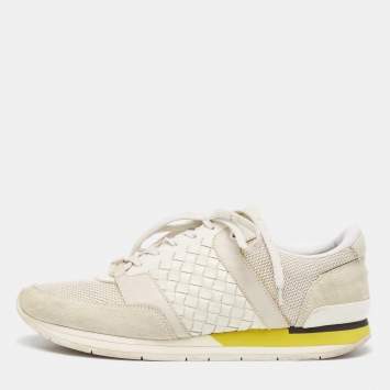Pre Owned Bottega Veneta White/Grey Intrecciato Leather and Suede Lace Up Sneakers Size 42