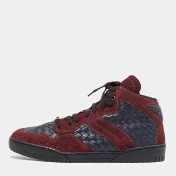 Pre Owned Bottega Veneta Burgundy/Navy Blue Suede and Intrecciato Leather High Top Sneakers Size 44.5 