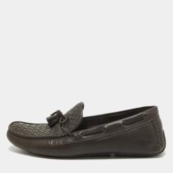 Pre Owned Bottega Veneta Brown Intrecciato Leather Wave Driver Bow Slip On Loafers Size 43.5 