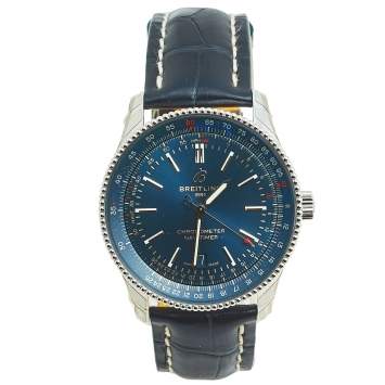 Pre Owned Breitling Blue Stainless Steel Crocodile Skin Leather Navitimer A17326161C1P3 Men's Wristwatch 41 mm