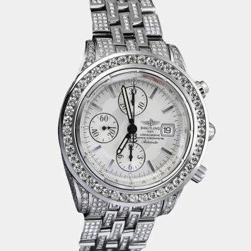 Breitling Customised White 15CT Diamond Stainless Steel Super Avenger A13370 Automatic Men's Wristwatch 44mm