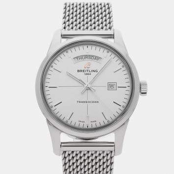 Pre Owned Breitling Transocean Day & Date A4531012/G751 Silver Stainless Steel Automatic Men's Watches 43mm