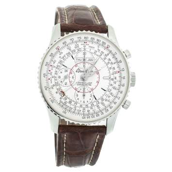 Pre Owned Breitling Silver Stainless Steel Leather Datora Montbrilliant Chronometer A21330 Men's Wristwatch 43 mm