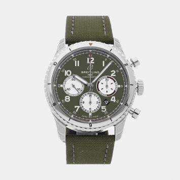 Pre Owned Breitling Green Stainless Steel Aviator Automatic Men's Wristwatch 43 mm