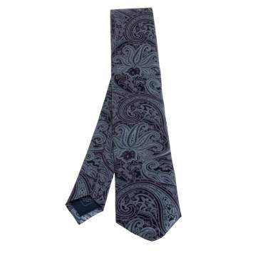 Pre Owned Brioni Blue Paisley Print Silk Tie and Pocket Square Set