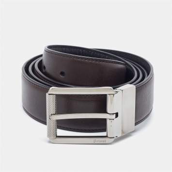 Pre Owned Brioni Black/Dark Brown Leather Cut to Size Reversible Buckle Belt