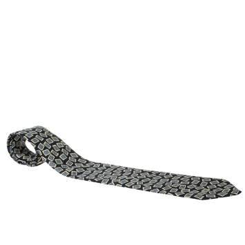 مملوكة مسبقًا Brioni Vintage Navy Blue & Yellow Printed Silk Traditional Tie