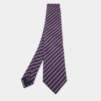 Pre Owned Brioni Navy Blue & Pink Striped Jacquard Silk Tie