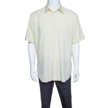 Pre Owned Brioni  Pale Yellow Checkered Cotton Short Sleeve Button Front Shirt XXL
