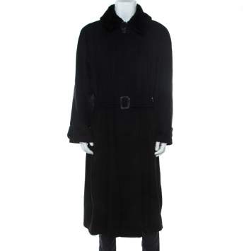 Pre Owned Brioni Black Cashmere Detachable Fur Collar Detail Belted Long Coat XXL