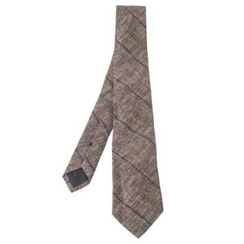Pre Owned Brunello Cucinelli Beige Linen & Silk Diagonal Striped Tie