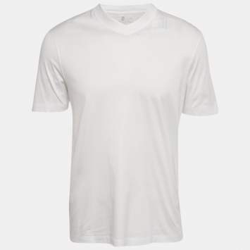 Pre Owned Brunello Cucinelli White Cotton Jersey V Neck T-Shirt M