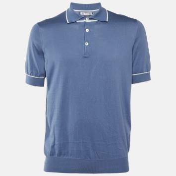 مملوكة مسبقًا Brunello Cucinelli Blue Cotton Knit Polo T-Shirt L