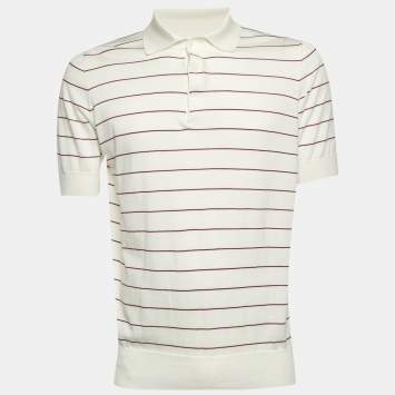مملوكة مسبقًا Brunello Cucinelli White Striped Cotton Knit Polo T-Shirt L