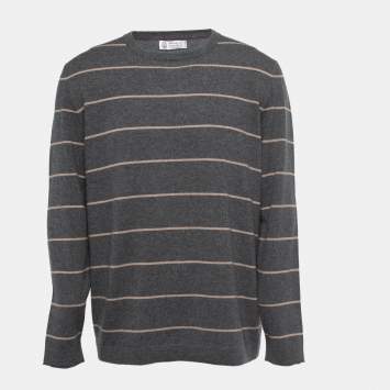 Pre Owned Brunello Cucinelli Grey Striped Cashmere Crew Neck Pullover XL
