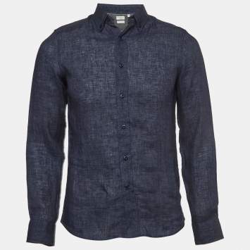 Pre Owned Brunello Cucinelli Navy Blue Solid Linen Washed Leisure Shirt XS