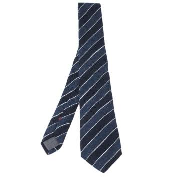 Pre Owned Brunello Cucinelli Blue Cotton Linen Striped Narrow Tie