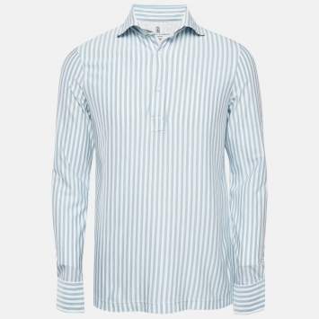 Pre Owned Brunello Cucinelli White/Blue Stripe Cotton Half Placket Shirt M