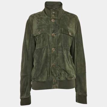 Pre Owned Brunello Cucinelli Green Ribbed Trim Suede Buttoned Jacket XL