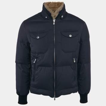 Brunello Cucinelli Blue Nylon Shearling Trim Nylon Down Jacket XS