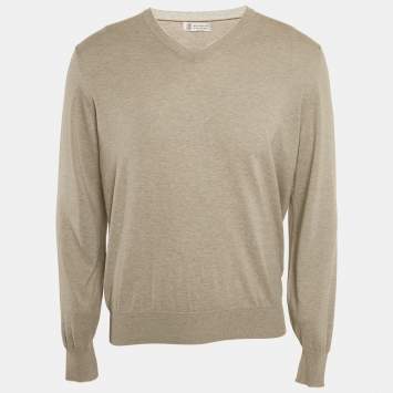 Pre Owned Brunello Cucinelli Grey Cotton Knit V-neck T-Shirt L