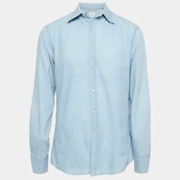 Pre Owned Brunello Cucinelli Blue Cotton Slim Fit Shirt M