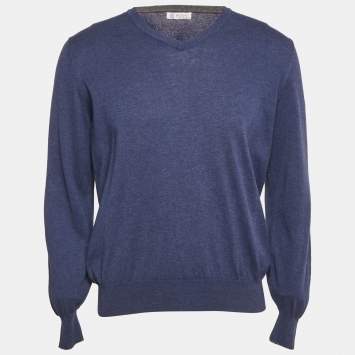 Brunello Cucinelli Blue Cotton Knit V-Neck Sweatshirt L