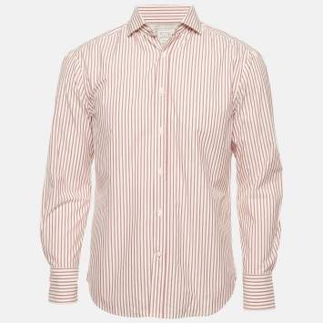 Pre Owned Brunello Cucinelli Red/White Striped Cotton Slim Fit Shirt M
