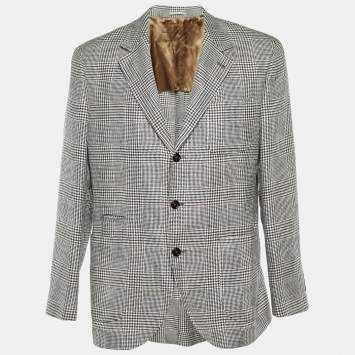 Brunello Cucinelli Grey Checked Linen Blend Single Breasted Blazer XXL