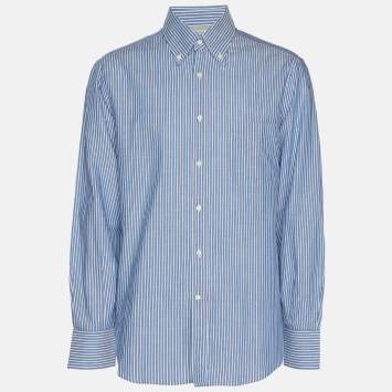 Pre Owned Brunello Cucinelli Blue/White Pinstripe Linen Blend Long Sleeve Shirt M