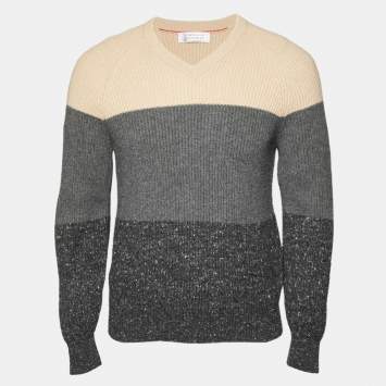 مملوكة مسبقًا Brunello Cucinelli Beige/Grey Rib Knit V-Neck Sweater M