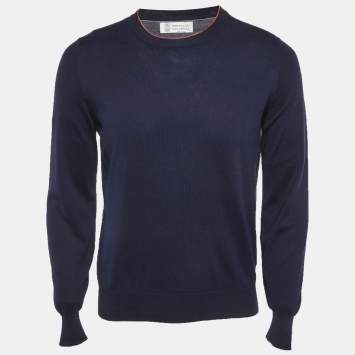 مملوكة مسبقًا Brunello Cucinelli Navy Blue Jersey Crew Neck Jumper S