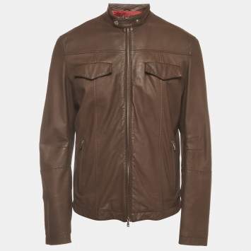 Pre Owned Brunello Cucinelli Brown Leather Zip-Up Biker Jacket L