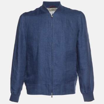 Pre Owned Brunello Cucinelli Blue Linen Zip-Up Bomber Jacket M