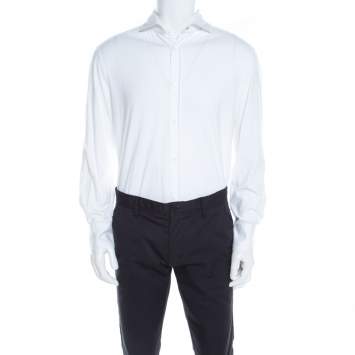 Pre Owned Brunello Cucinelli White Cotton Jersey Long Sleeve Slim Fit Shirt XL