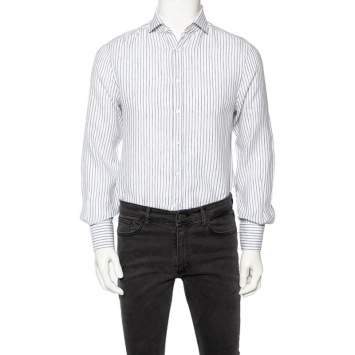 Pre Owned Brunello Cucinelli White Striped Linen Slim Fit Shirt M