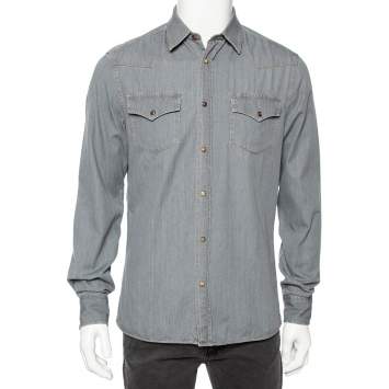 Pre Owned Brunello Cucinelli Grey Chambray Button Front Leisure Fit Shirt M
