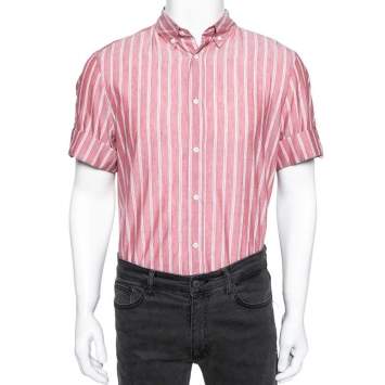 Pre Owned Brunello Cucinelli Pink Striped Cotton & Linen Leisure Fit Shirt XL
