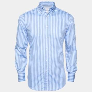 Pre Owned Brunello Cucinelli Blue Striped Cotton Button Down Shirt S