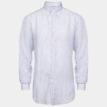 Pre Owned Brunello Cucinelli Blue Stripe Linen Button Front Shirt XXL