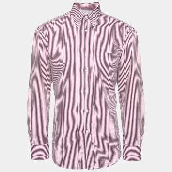 Pre Owned Brunello Cucinelli White and Burgundy Striped Button Down Shirt XXL