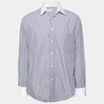 Pre Owned Brunello Cucinelli Blue and White Striped Cotton Button Front Shirt XXL