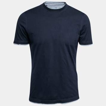 Pre Owned Brunello Cucinelli Navy Blue Cotton Slim Fit Short Sleeve T-Shirt S